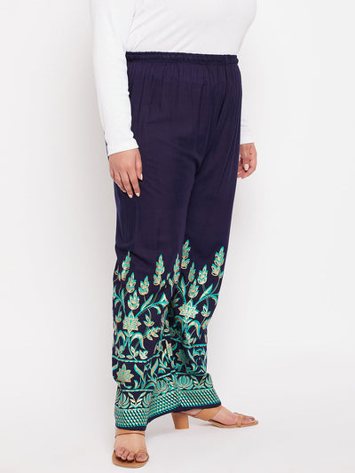 Navy Blue Floral Printed Straight Palazzo