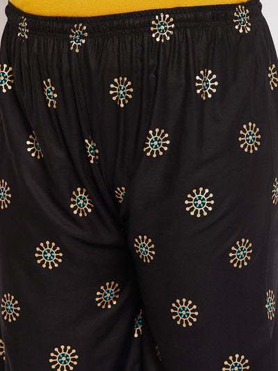 Black printed rayon palazzo with elasticated waistband and drawstring.