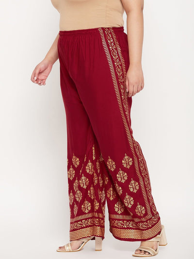 Maroon printed rayon palazzo with elastic waistband and drawstring.