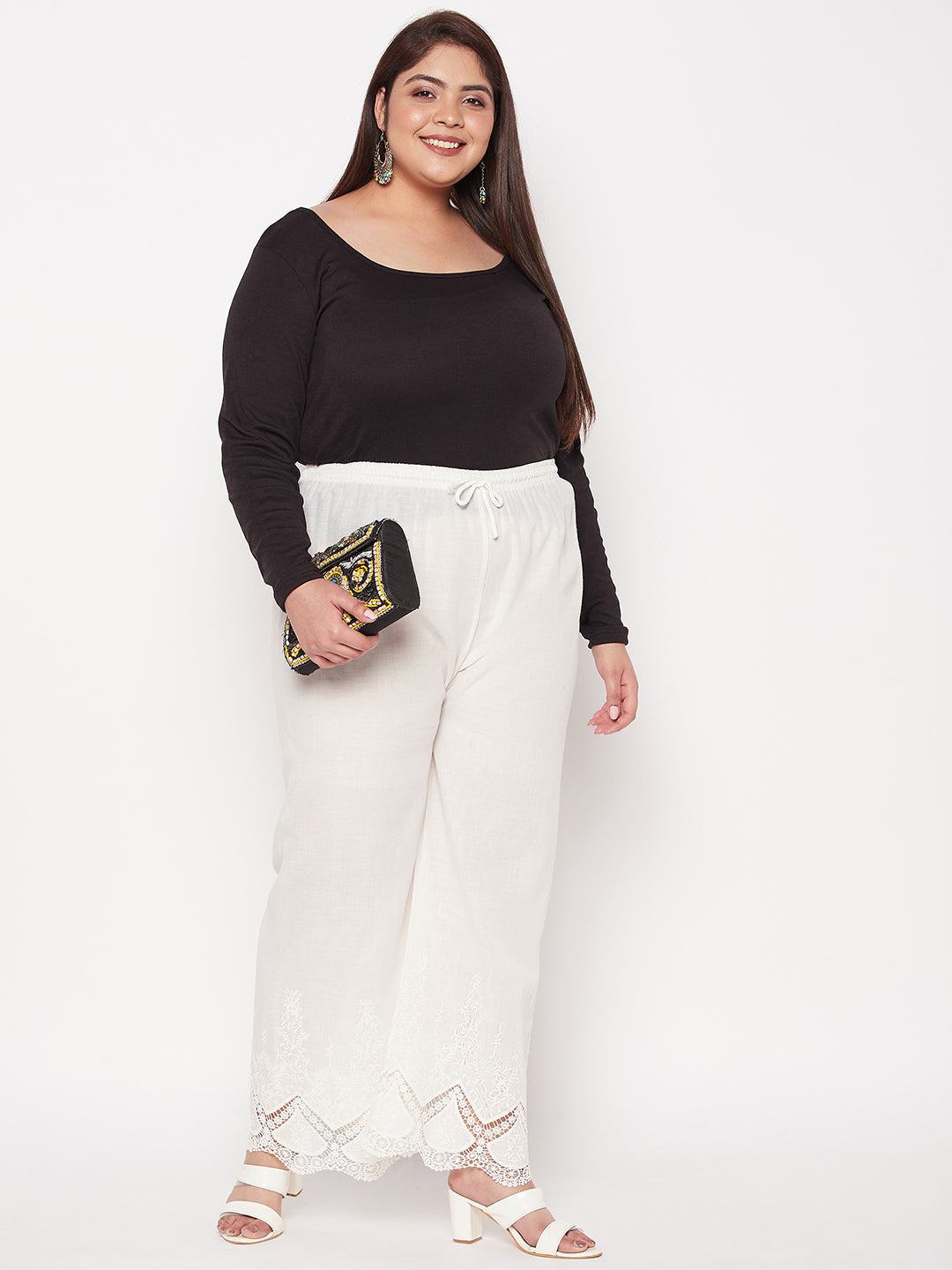 Cream embroidered cotton straight palazzo with lace hem and elasticated waistband.