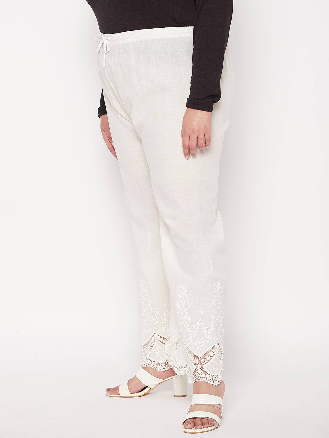 Cream embroidered cotton straight palazzo with lace hem and elasticated waistband.