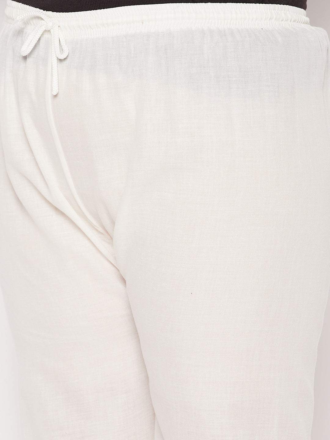 Cream embroidered cotton straight palazzo with elasticated waistband and drawstring.