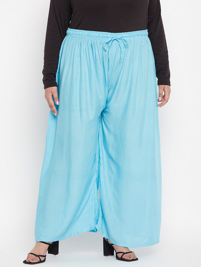 Sky Blue Solid Rayon Palazzo with elasticated waistband and drawstring.