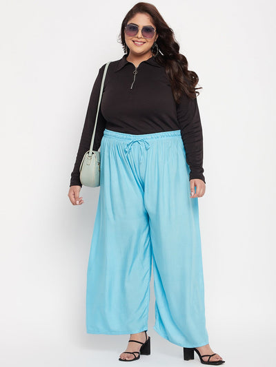 Sky Blue Solid Rayon Palazzo with elasticated waistband and drawstring.
