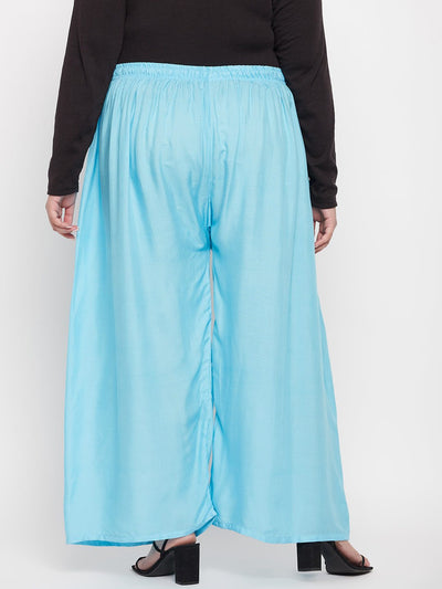 Sky Blue Solid Rayon Palazzo with elastic waistband and drawstring.