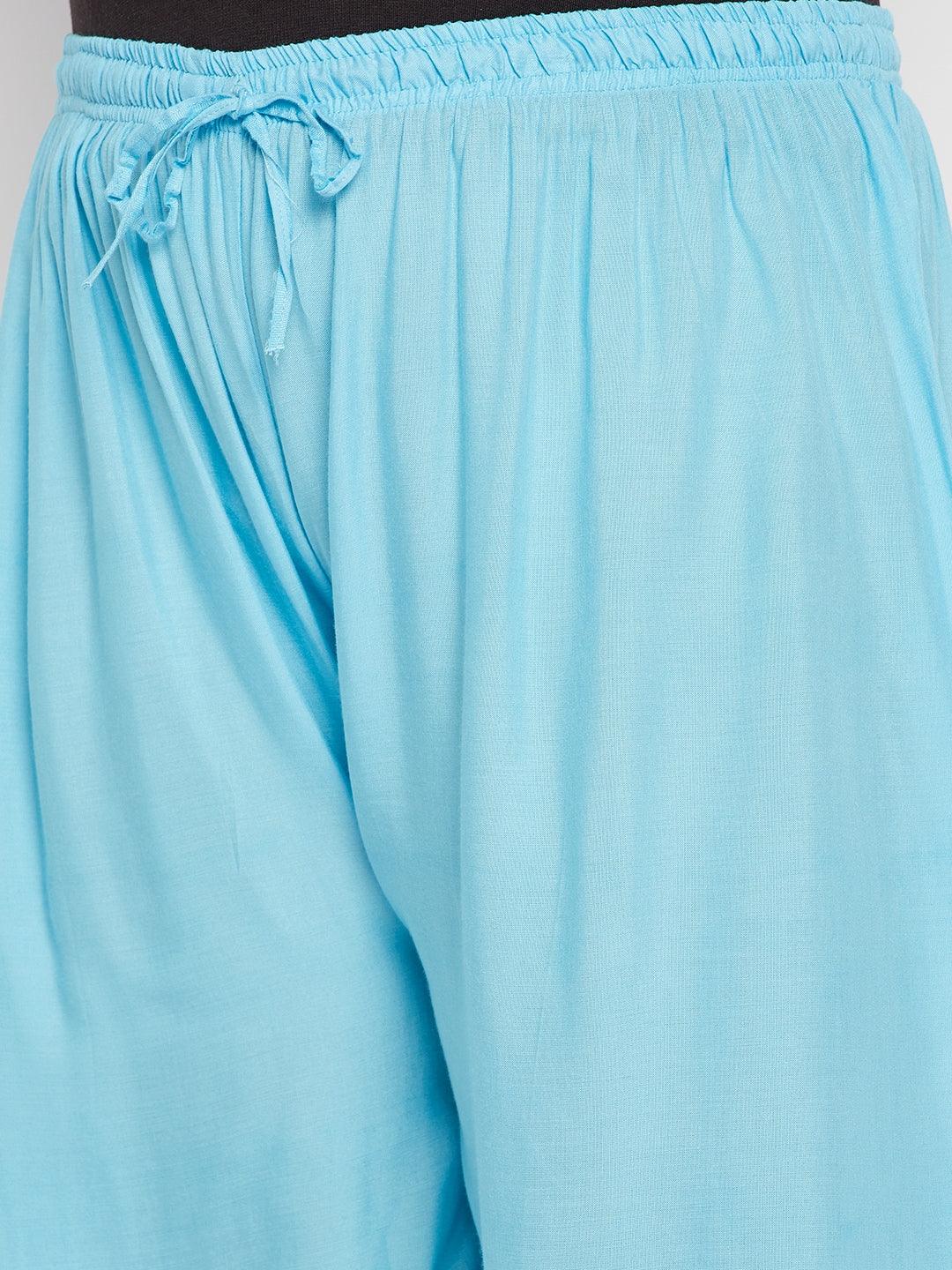 Sky Blue Solid Rayon Palazzo with elastic waistband and drawstring.