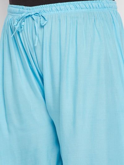 Sky Blue Solid Rayon Palazzo with elastic waistband and drawstring.