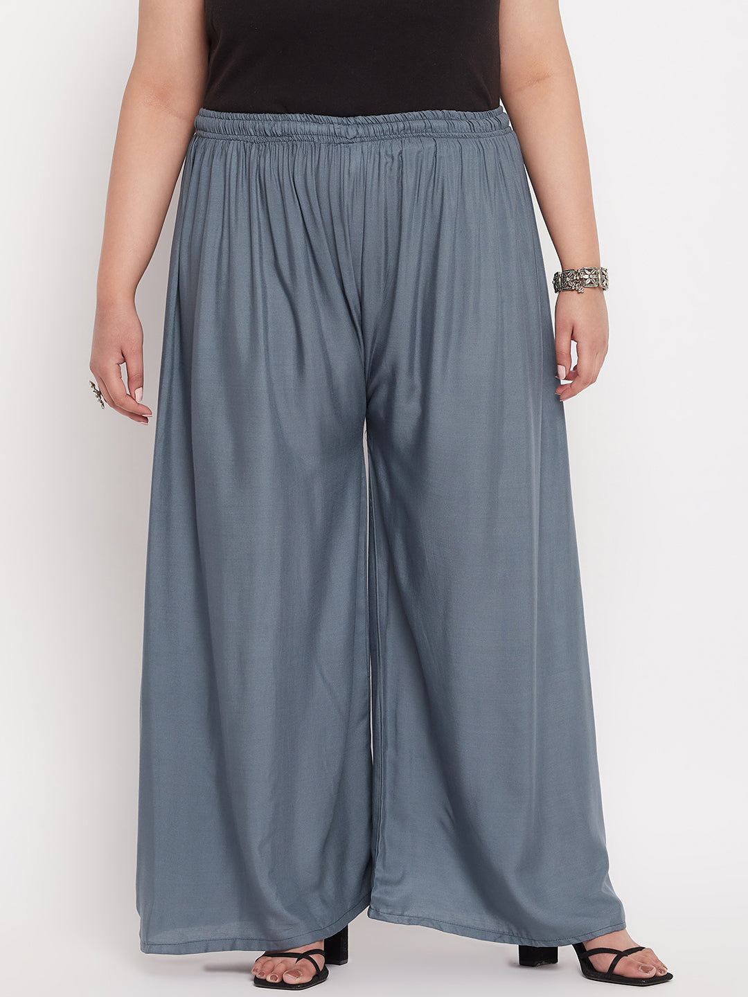 Grey solid rayon palazzo with elasticated waistband and drawstring.