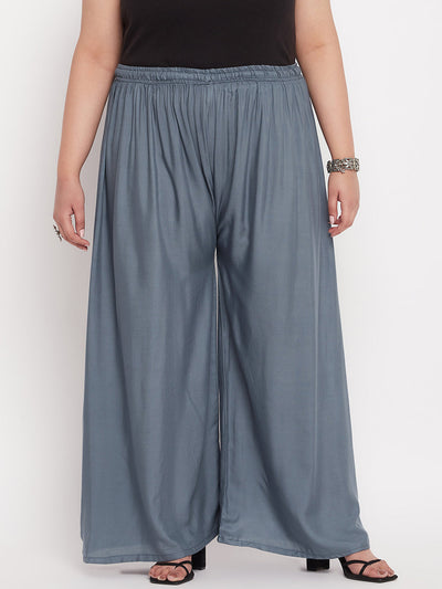 Grey solid rayon palazzo with elasticated waistband and drawstring.