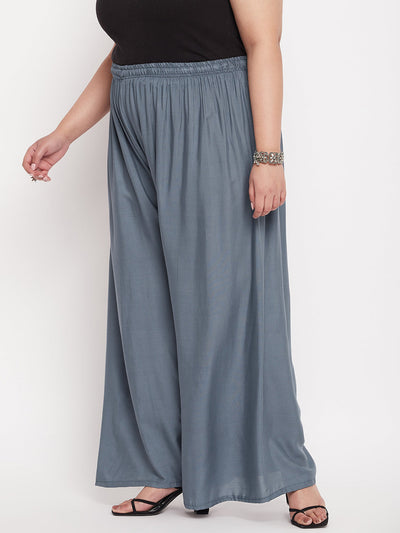 Grey solid rayon palazzo with elasticated waistband and drawstring.