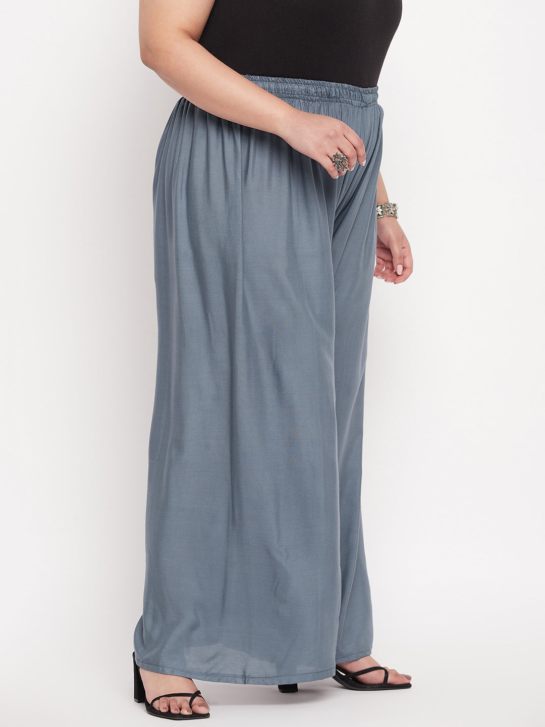 Grey solid rayon palazzo with elasticated waistband and drawstring.