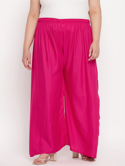 Magenta solid rayon palazzo with elasticated waistband and drawstring.