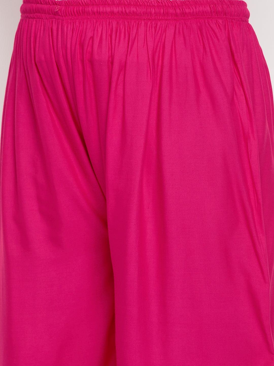 Magenta solid rayon palazzo with elasticated waistband and drawstring.