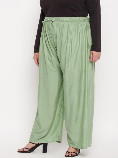 Pista Green Solid Rayon Palazzo with Elastic Waistband and Drawstring
