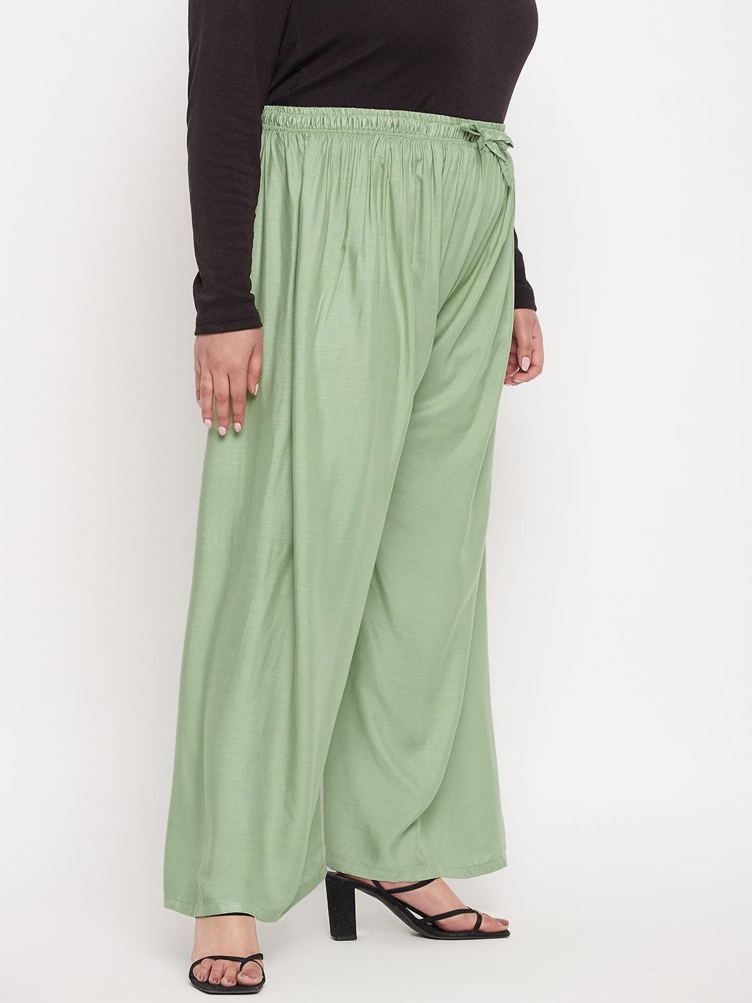 Pista Green Solid Rayon Palazzo with Elasticated Waistband and Drawstring