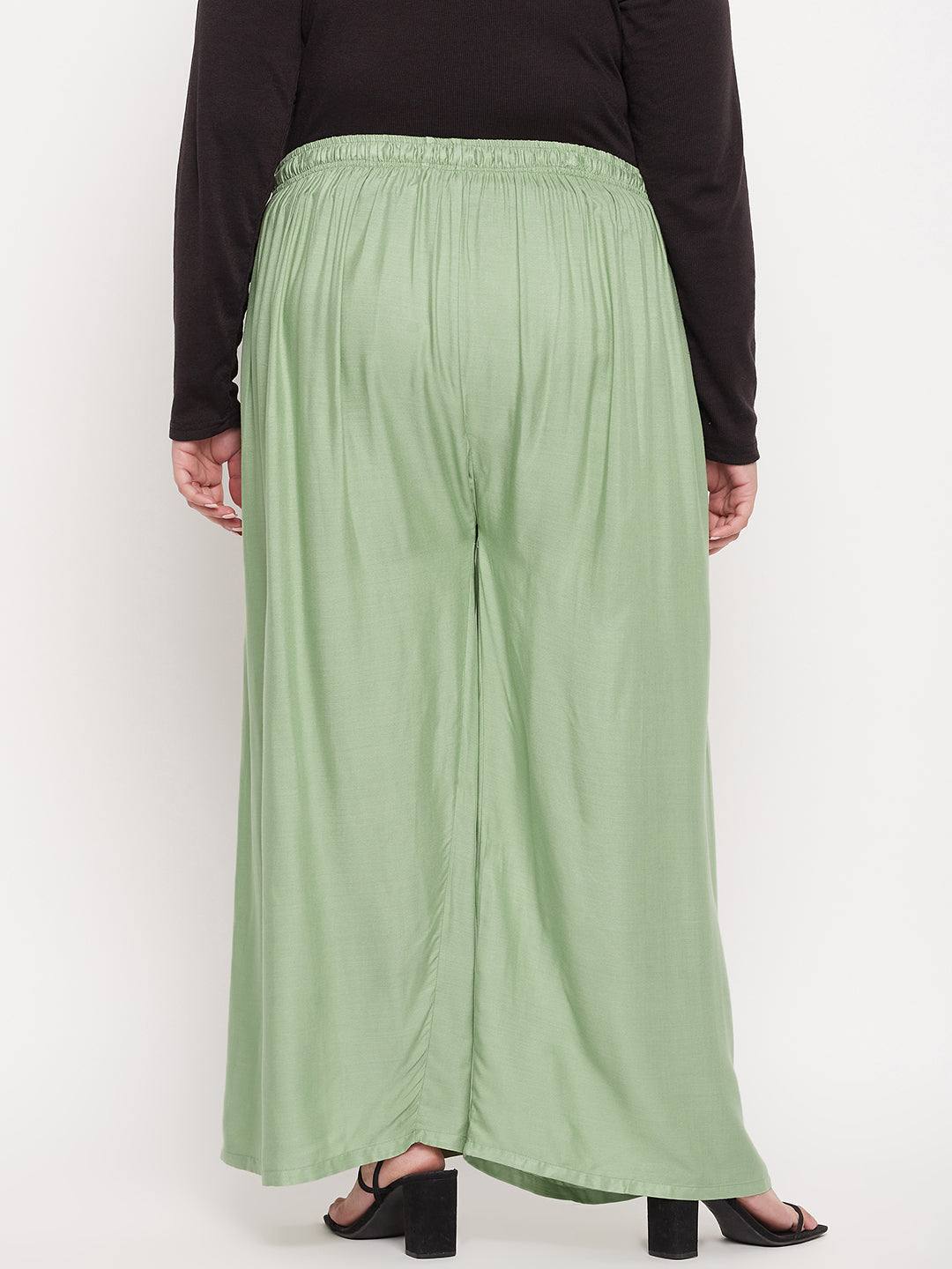 Pista Green Solid Rayon Palazzo with elasticated waistband and drawstring.