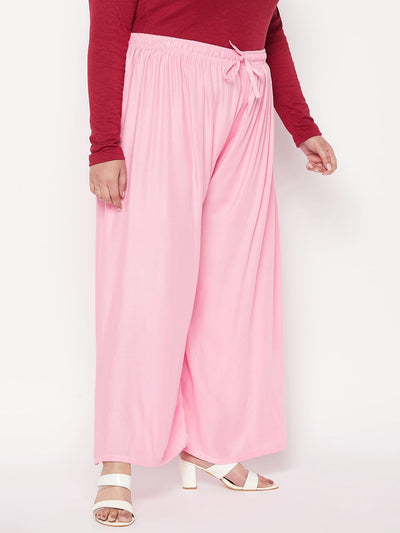 Baby Pink Solid Rayon Palazzo with elastic waistband and drawstring.