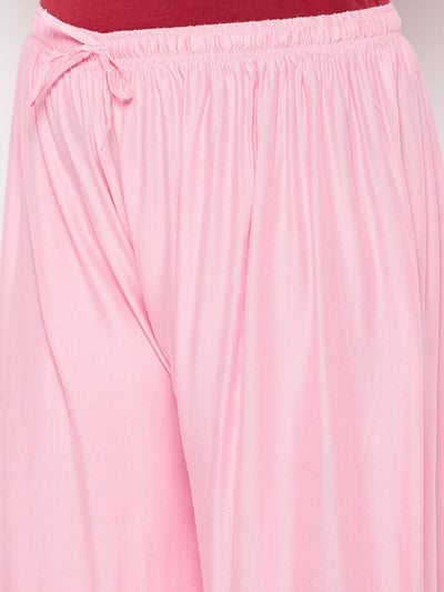 Baby Pink Solid Rayon Palazzo with elasticated waistband and drawstring.