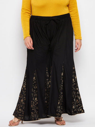 Black Printed Rayon Flared Sharara with Elastic Waistband and Drawstring.