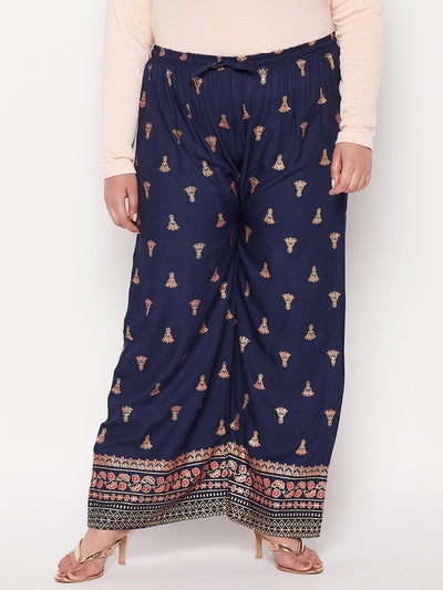 Navy blue printed rayon straight palazzo with elasticated waistband.