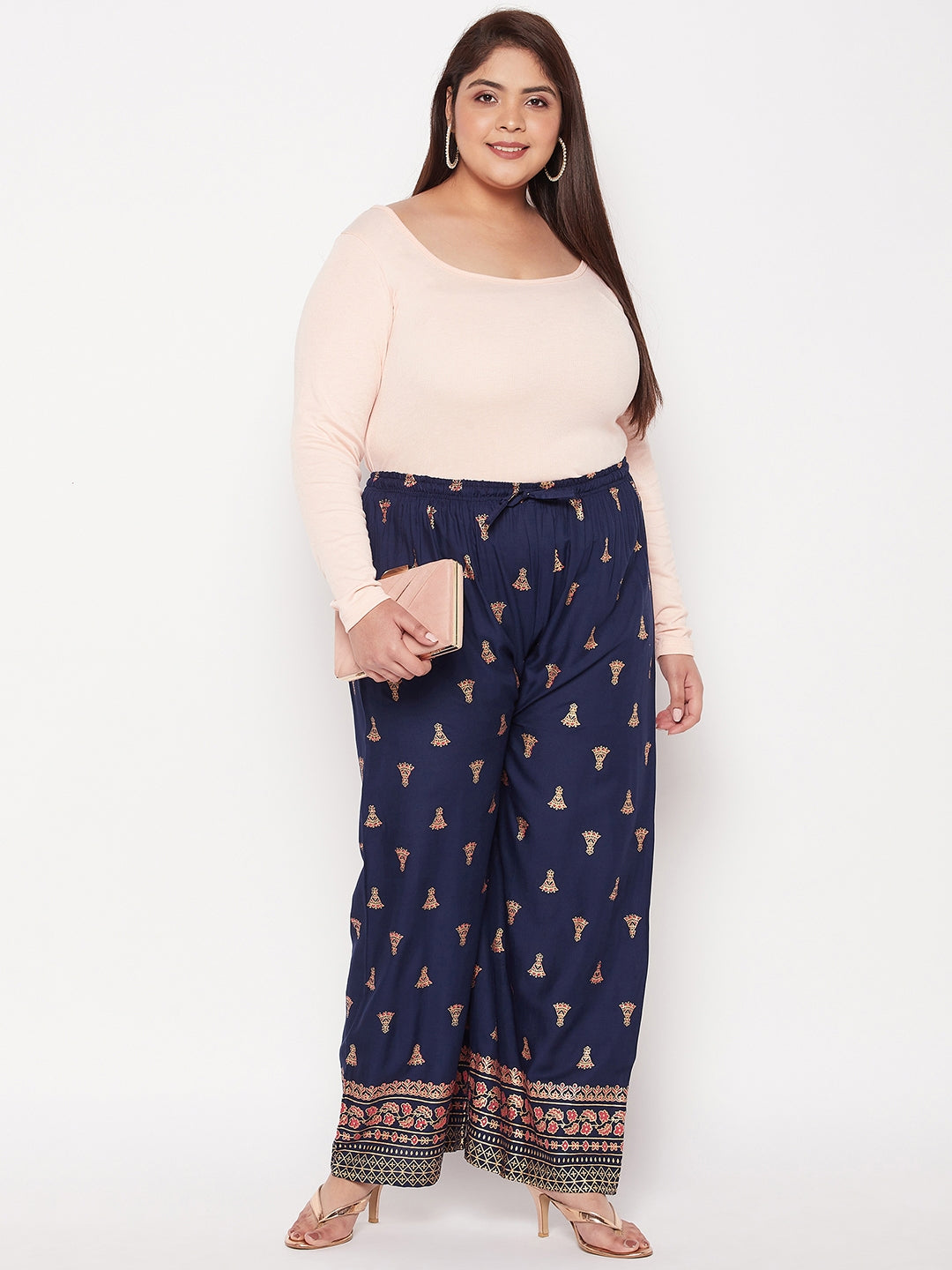 Navy Blue Printed Rayon Straight Palazzo