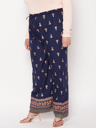 Navy Blue Printed Rayon Straight Palazzo