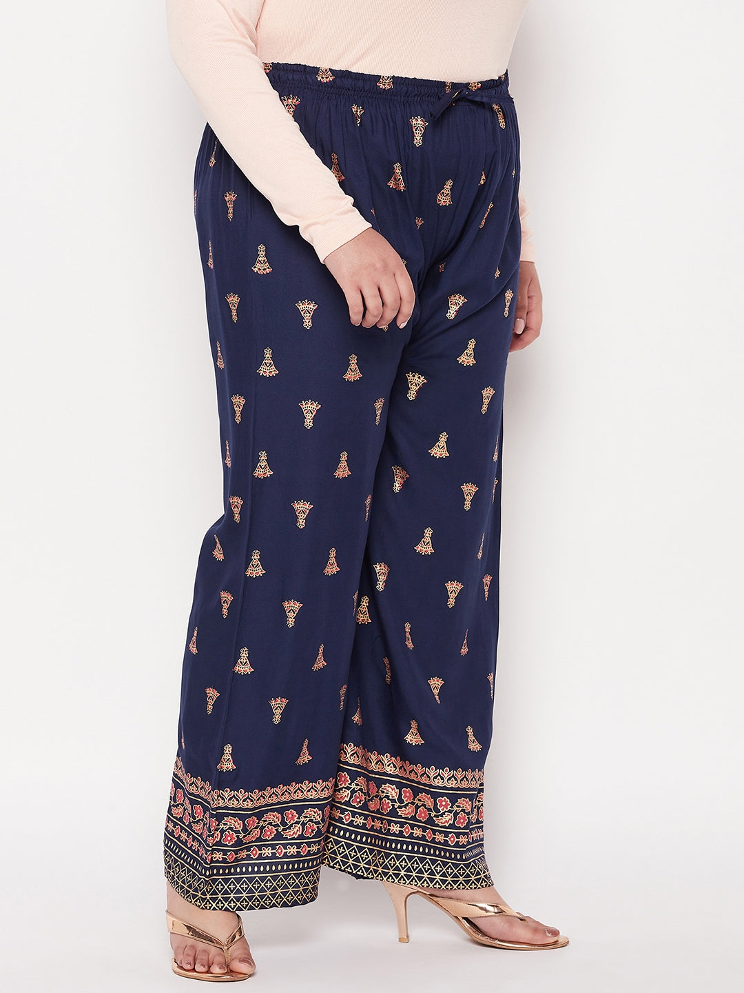 Navy Blue Printed Rayon Straight Palazzo