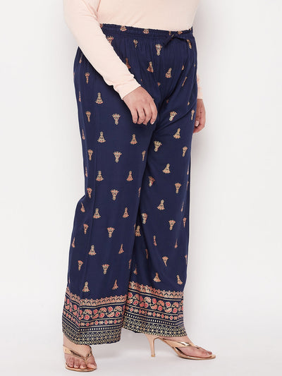 Navy Blue Printed Rayon Straight Palazzo