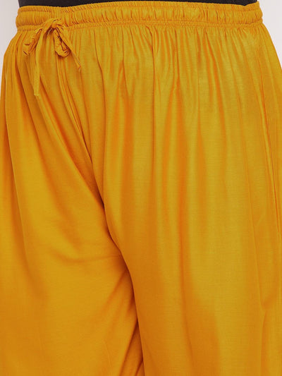 Mustard printed rayon palazzo with elasticated waistband and drawstring.