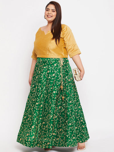 Bottle green and gold embroidered flared skirt with drawstring waistband.