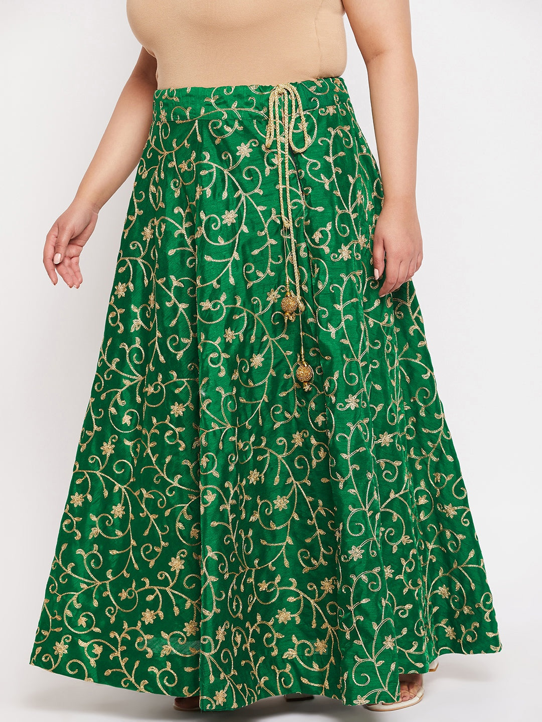 Bottle Green & Gold Embroidered Flared Skirt with Drawstring Waistband