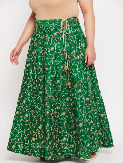 Bottle Green & Gold Embroidered Flared Skirt with Drawstring Waistband