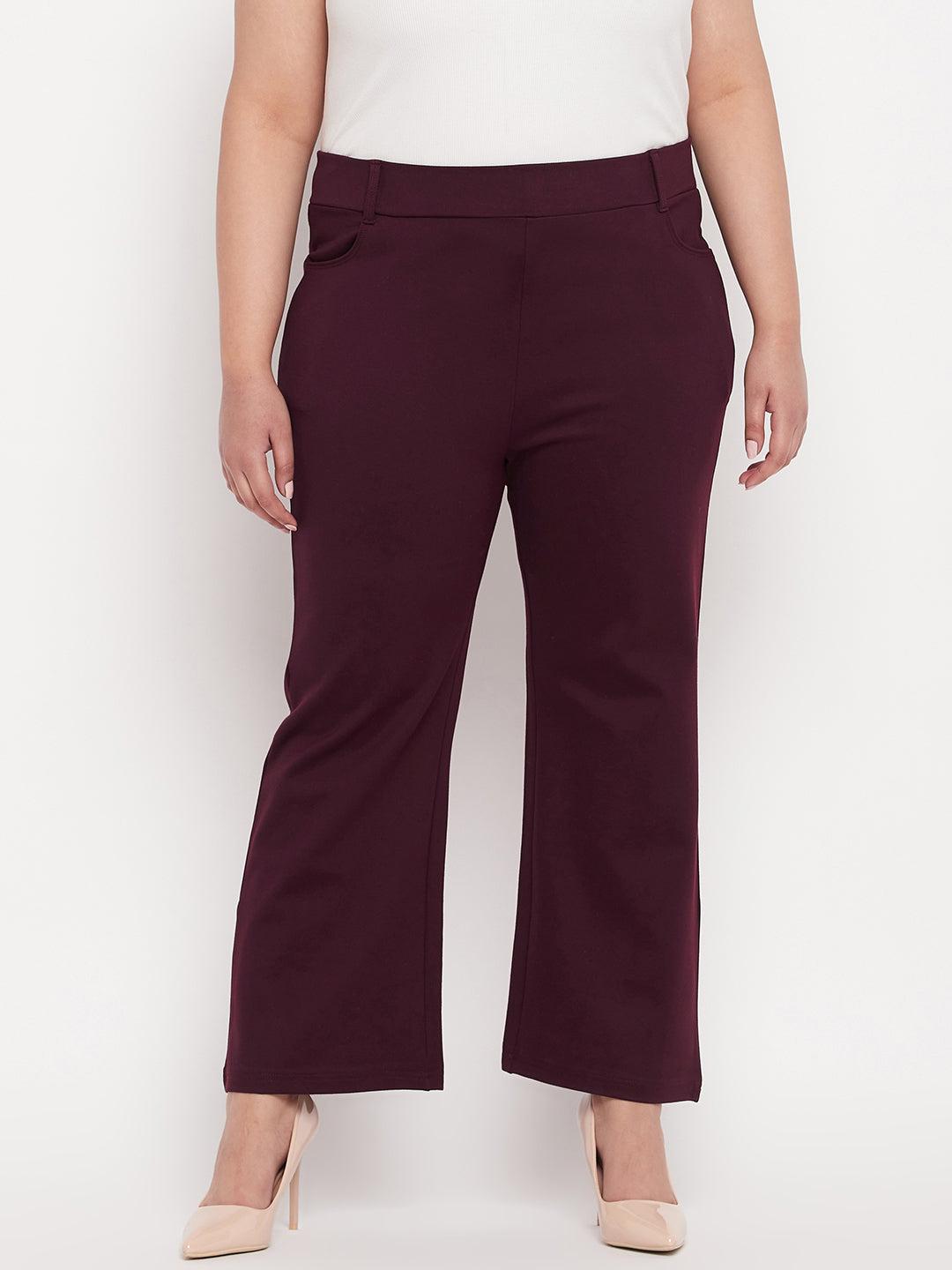 Maroon solid bootcut jegging in NR Roma fabric, offering comfort and style.