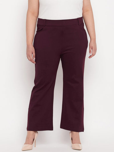 Maroon solid bootcut jegging in NR Roma fabric, offering comfort and style.