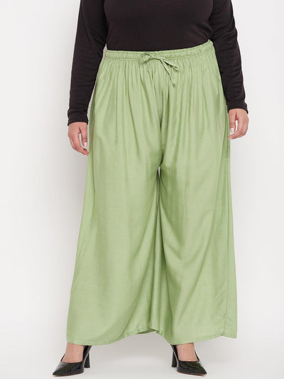 Pista Green Solid Rayon Jumbo Sharara with elasticated waistband and drawstring.