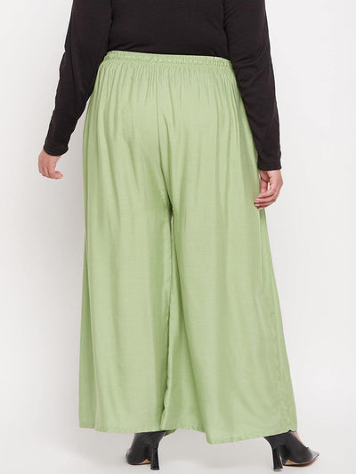 Pista Green Solid Rayon Jumbo Sharara with elasticated waistband and drawstring.