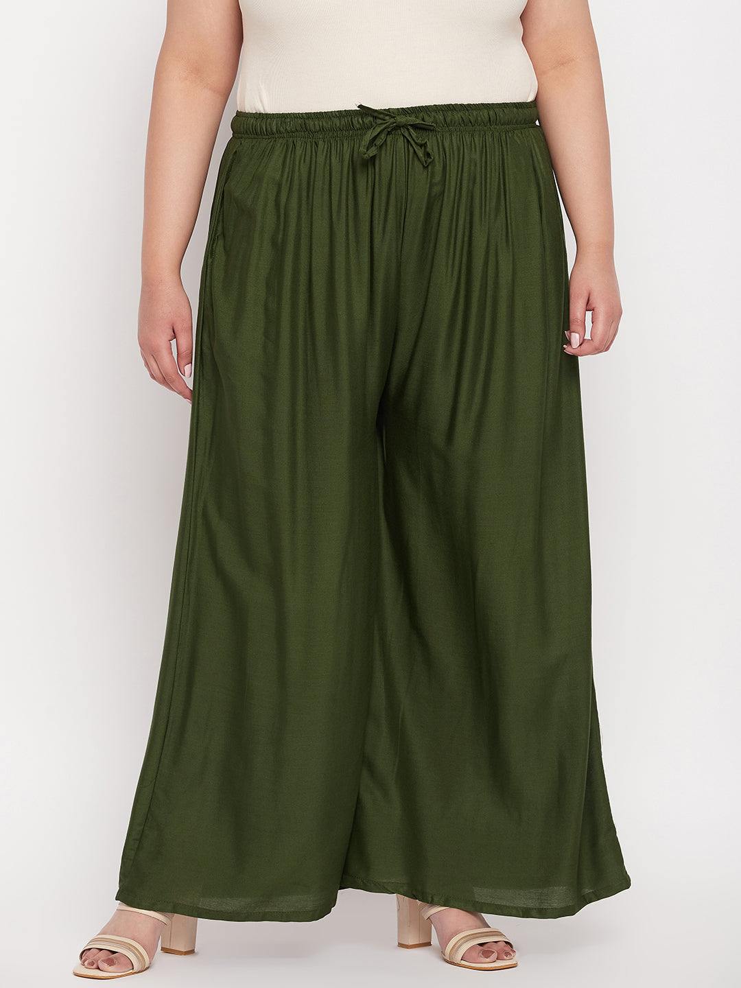 Olive Solid Rayon Jumbo Sharara with elasticated drawstring waistband.