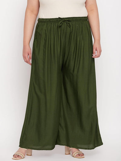 Olive Solid Rayon Jumbo Sharara with elasticated drawstring waistband.