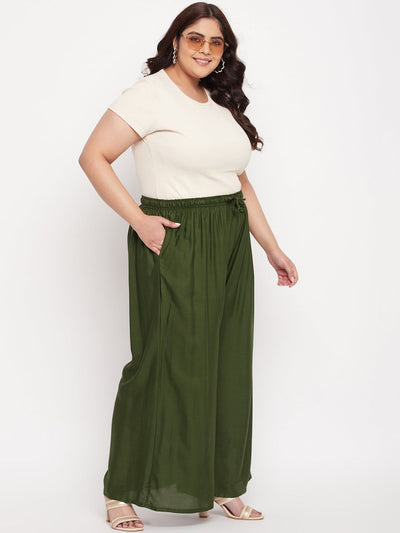 Olive Solid Rayon Jumbo Sharara with elasticated waistband and drawstring.