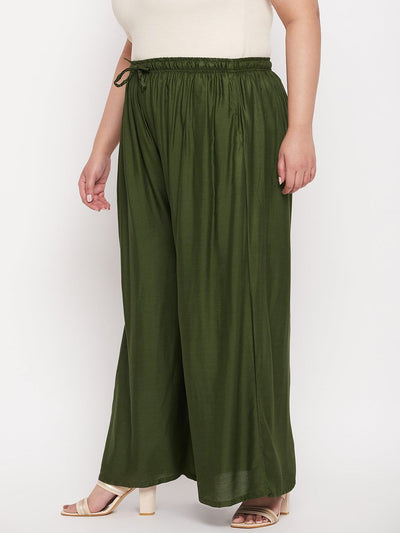 Olive solid rayon jumbo sharara with elasticated waistband and drawstring.