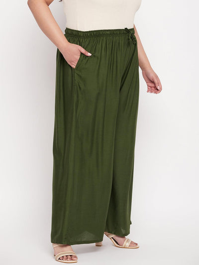 Olive solid rayon jumbo sharara with elasticated waistband and drawstring.