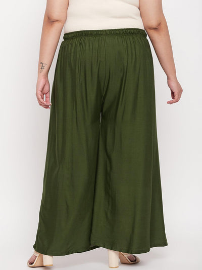 Olive solid rayon jumbo sharara with elasticated waistband and drawstring.