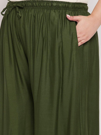 Olive Solid Rayon Jumbo Sharara with elasticated waistband and drawstring.