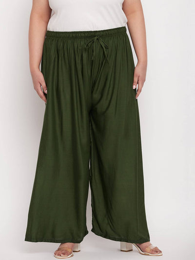 Olive solid rayon palazzo with elasticated waistband and drawstring.