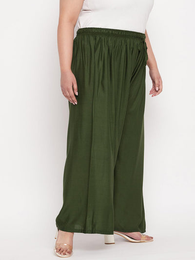 Olive solid rayon palazzo with elasticated waistband and drawstring.