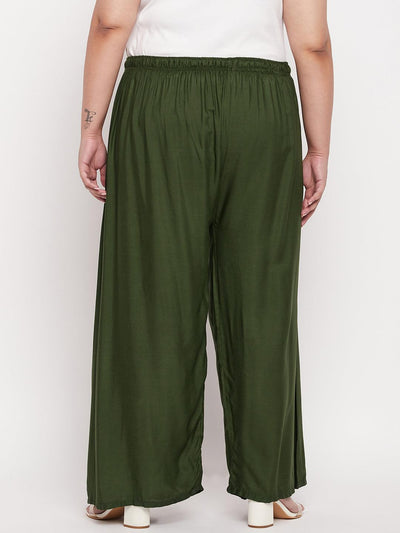 Olive solid rayon palazzo with elasticated waistband and drawstring.