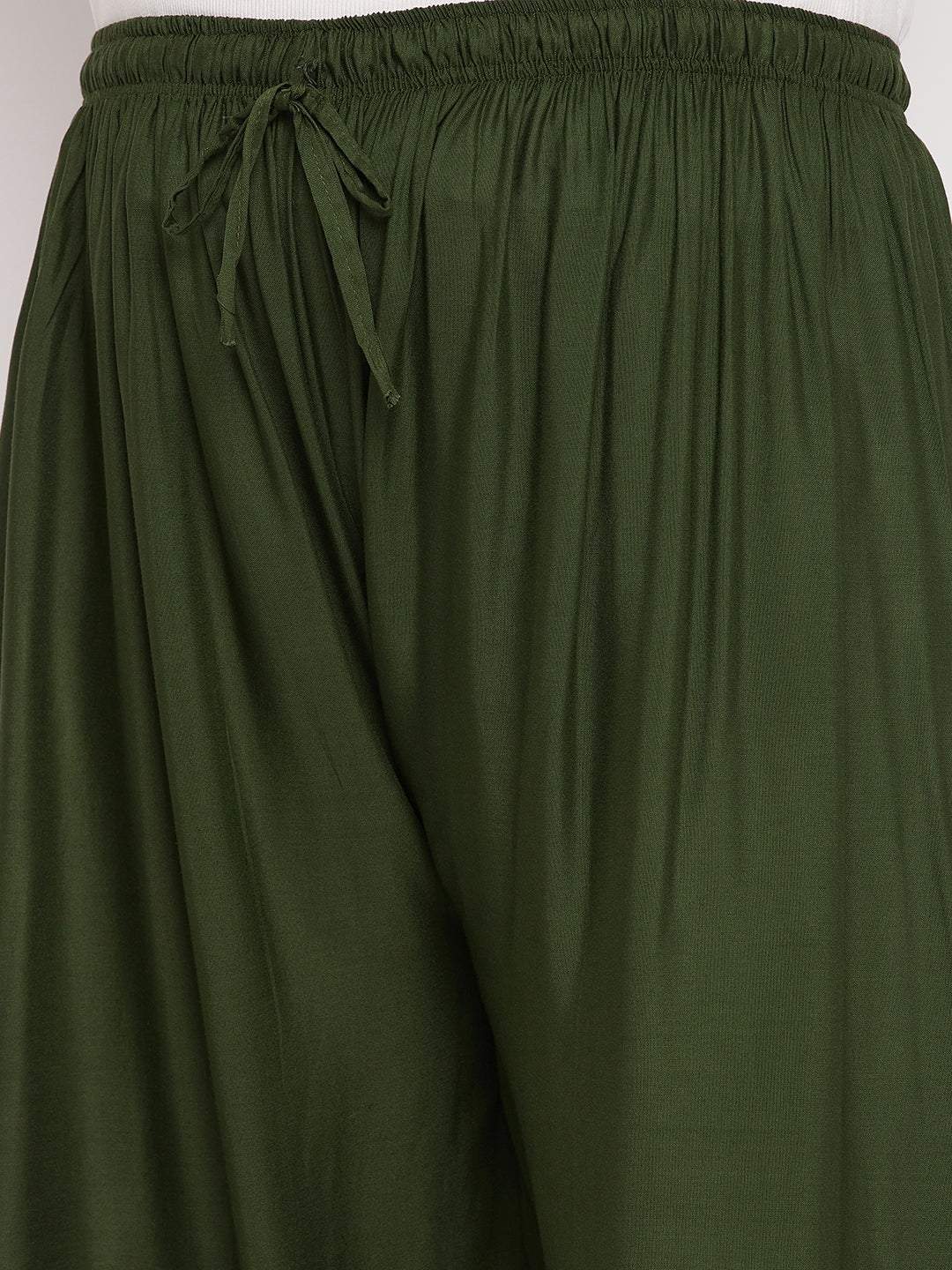 Olive solid rayon palazzo with elasticated waistband and drawstring.