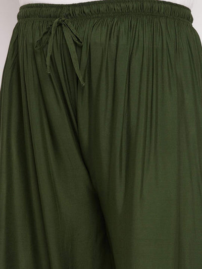Olive solid rayon palazzo with elasticated waistband and drawstring.