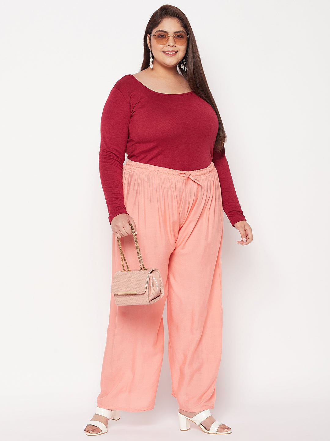Dark Peach Solid Rayon Palazzo with Elastic Waistband and Drawstring