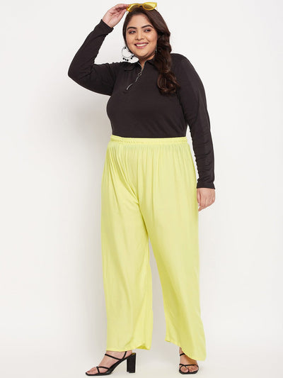 Lemon solid rayon palazzo with elasticated waistband and drawstring.